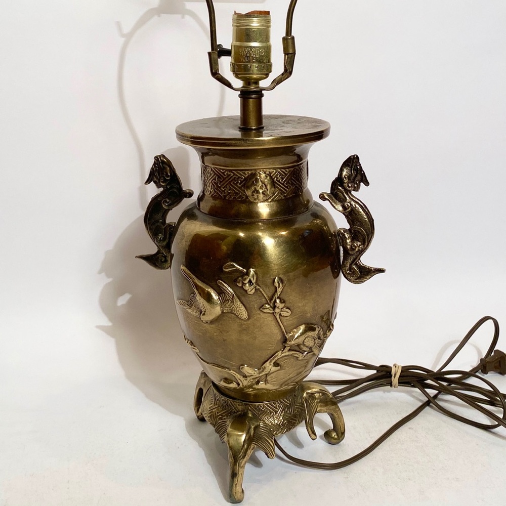 Vintage Large Brass Lamp with Asian Elephants, Birds & Dragons! Antique Chinese